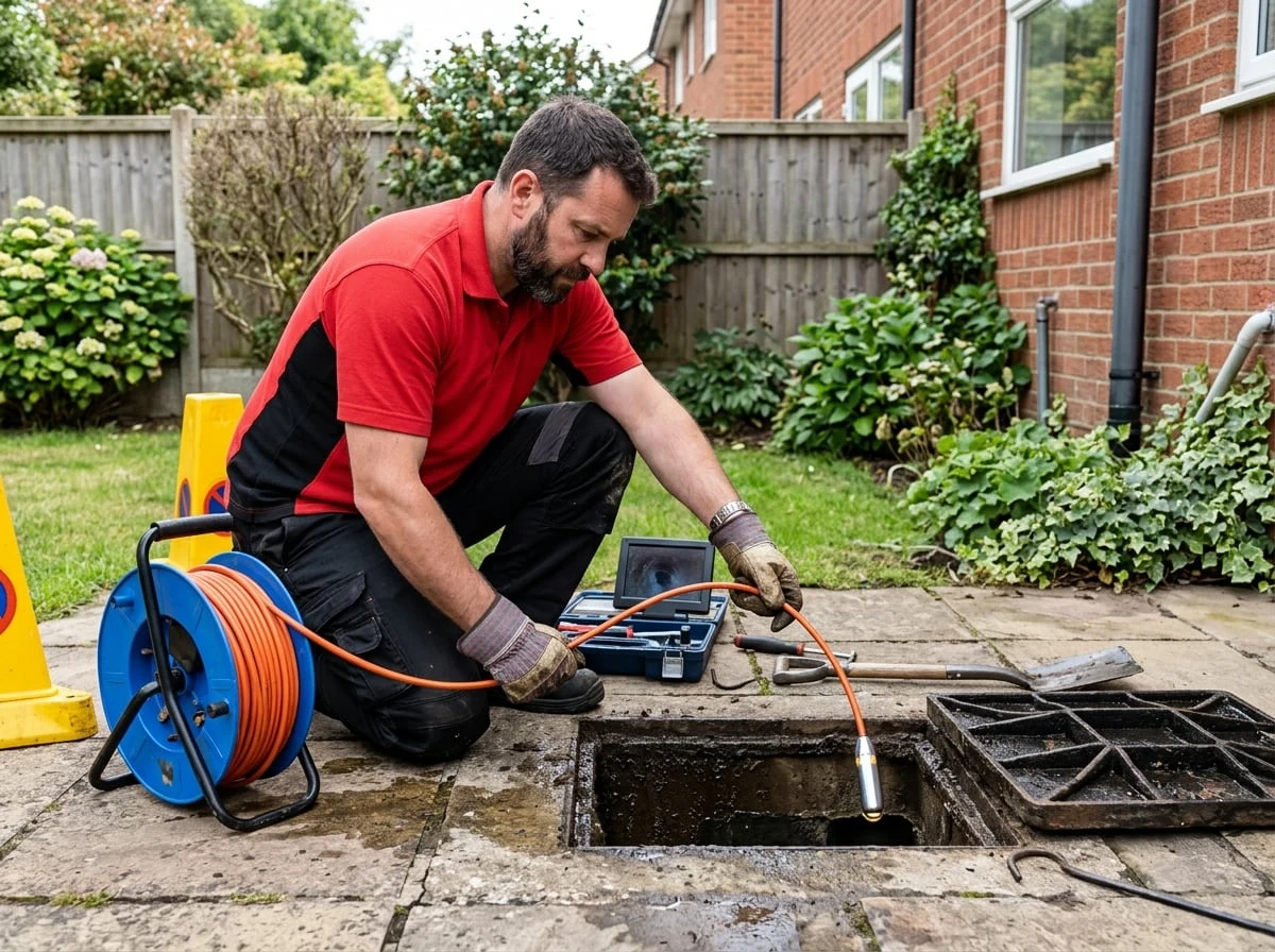 Chelsea Plumbers 247 engineer using a CCTV drain camera to inspect a blocked drain in Chelsea