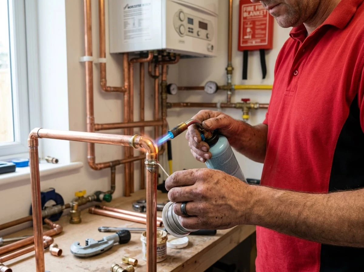 Chelsea Plumbers 247 engineer soldering copper pipe fittings for a new boiler installation in Chelsea