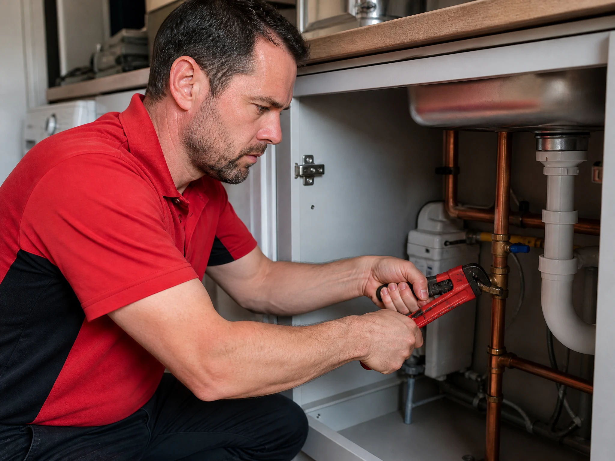 Chelsea Plumbers 247 engineer tightening a stopcock under a sink during an emergency plumbing repair in Chelsea